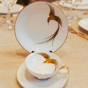 H&C SELB Bavaria Germany Hand-Painted Gold Bird in Flight Cup Saucer Plate